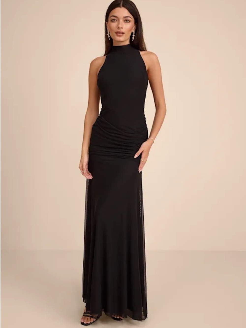Lulus Alma Black Mesh Mock Neck Ruched Maxi Dress